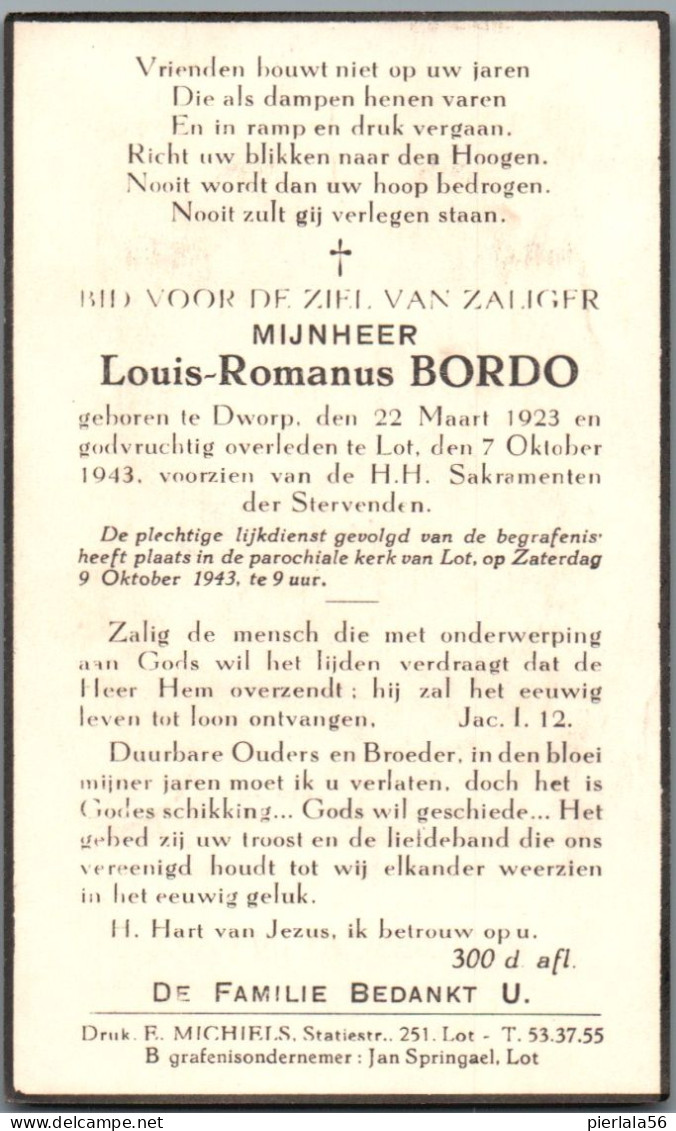 Bidprentje Dworp - Bordo Louis Romanus (1923-1943) - Andachtsbilder