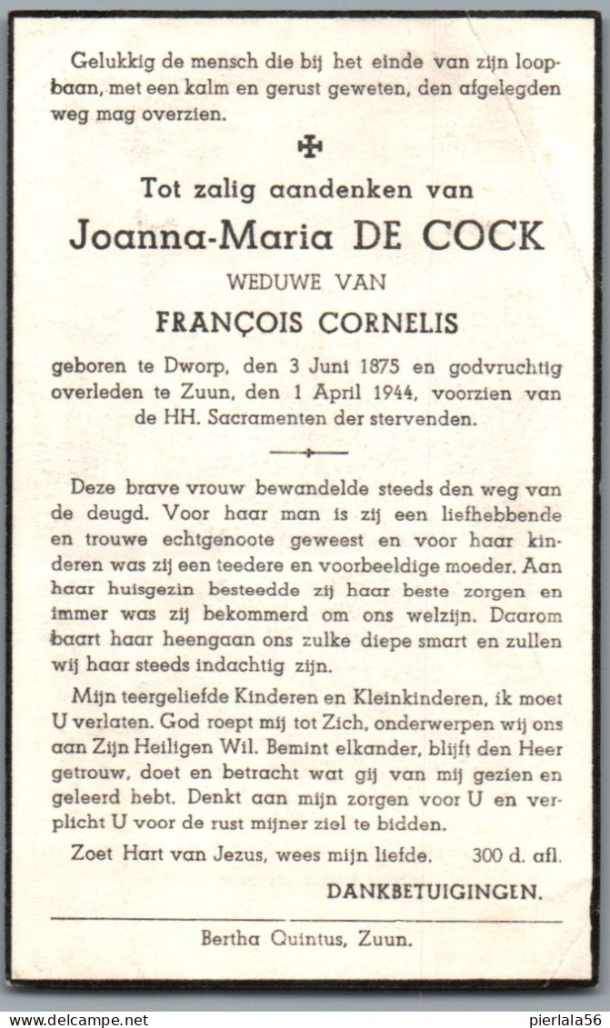 Bidprentje Dworp - De Cock Joanna Maria (1875-1944) - Devotieprenten