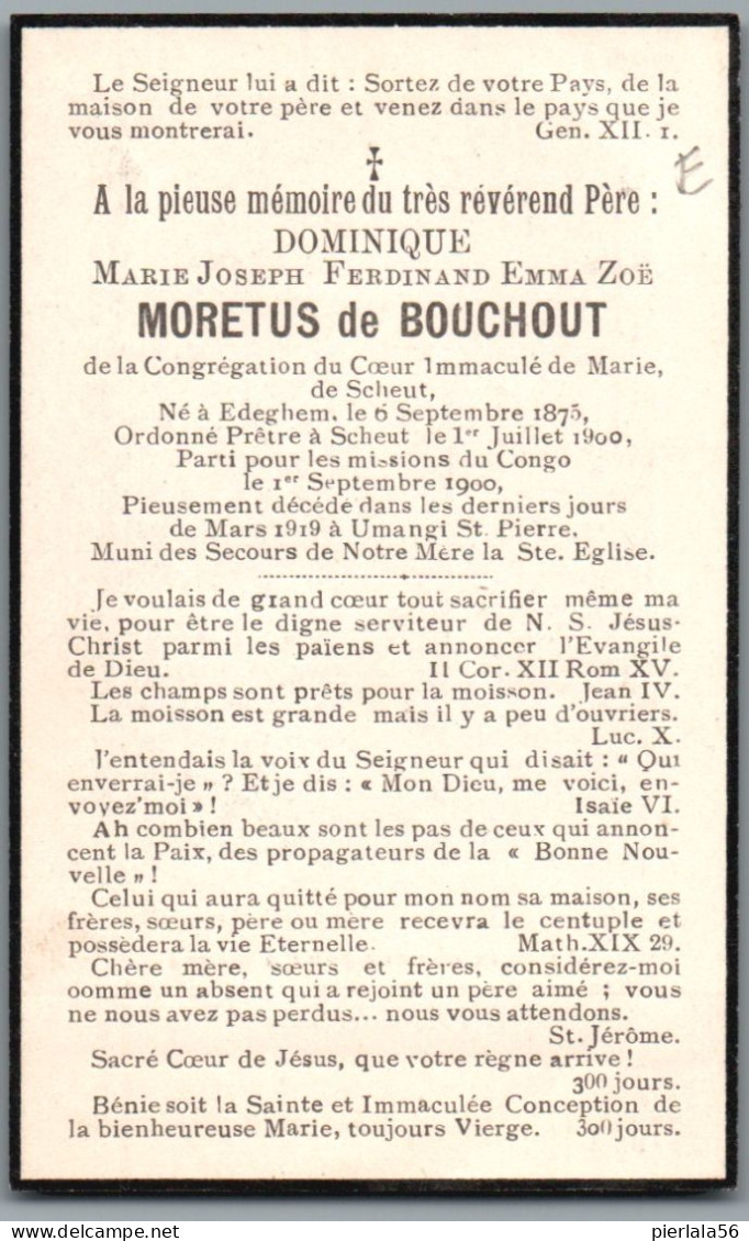 Bidprentje Edegem - Moretus De Bouchout Dominique Marie Joseph Ferdinand  Emma Zoë (1875-1919) Scheutist - Andachtsbilder