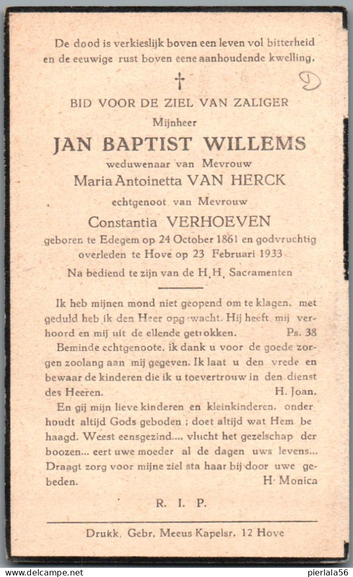 Bidprentje Edegem - Willems Jan Baptist (1861-1933) - Devotion Images