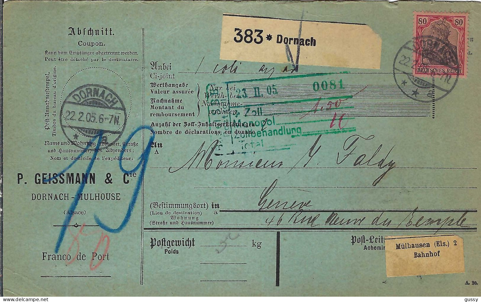 ALLEMAGNE Ca.1905: Bulletin D'Expédition De Dornach Pour Genève (Suisse) - Lettres & Documents