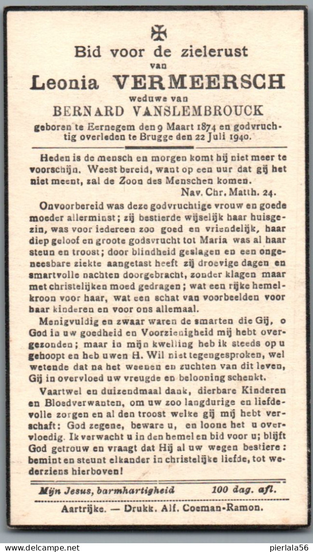 Bidprentje Eernegem - Vermeersch Leonia (1874-1940) - Devotieprenten
