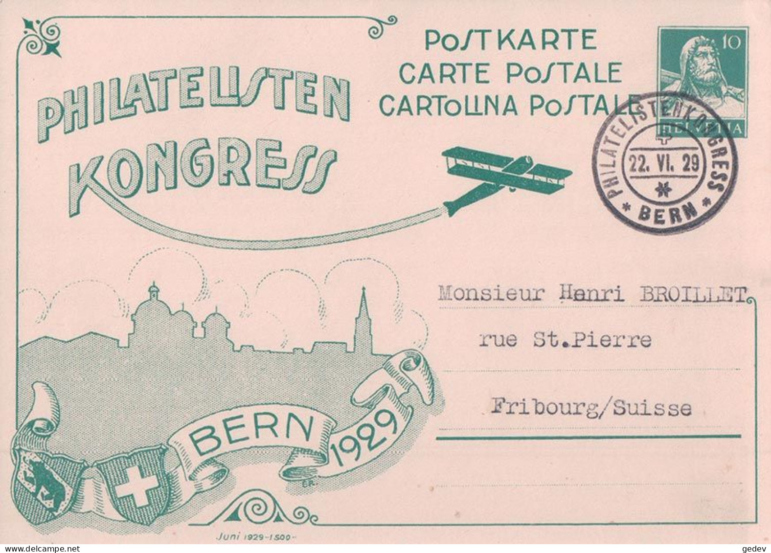 Suisse Entier Postal, Philtelisten Kongress Bern 1929 (22.6.1929) 10x15 - Stamped Stationery