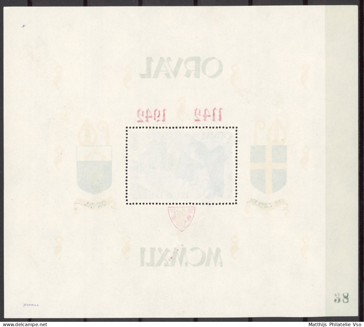 [** SUP] Bloc 22-cu, Orval : Surcharge '1142-1942' à Sec Sous Le Timbre + Numéro '38' Au Verso. Rare - Other & Unclassified