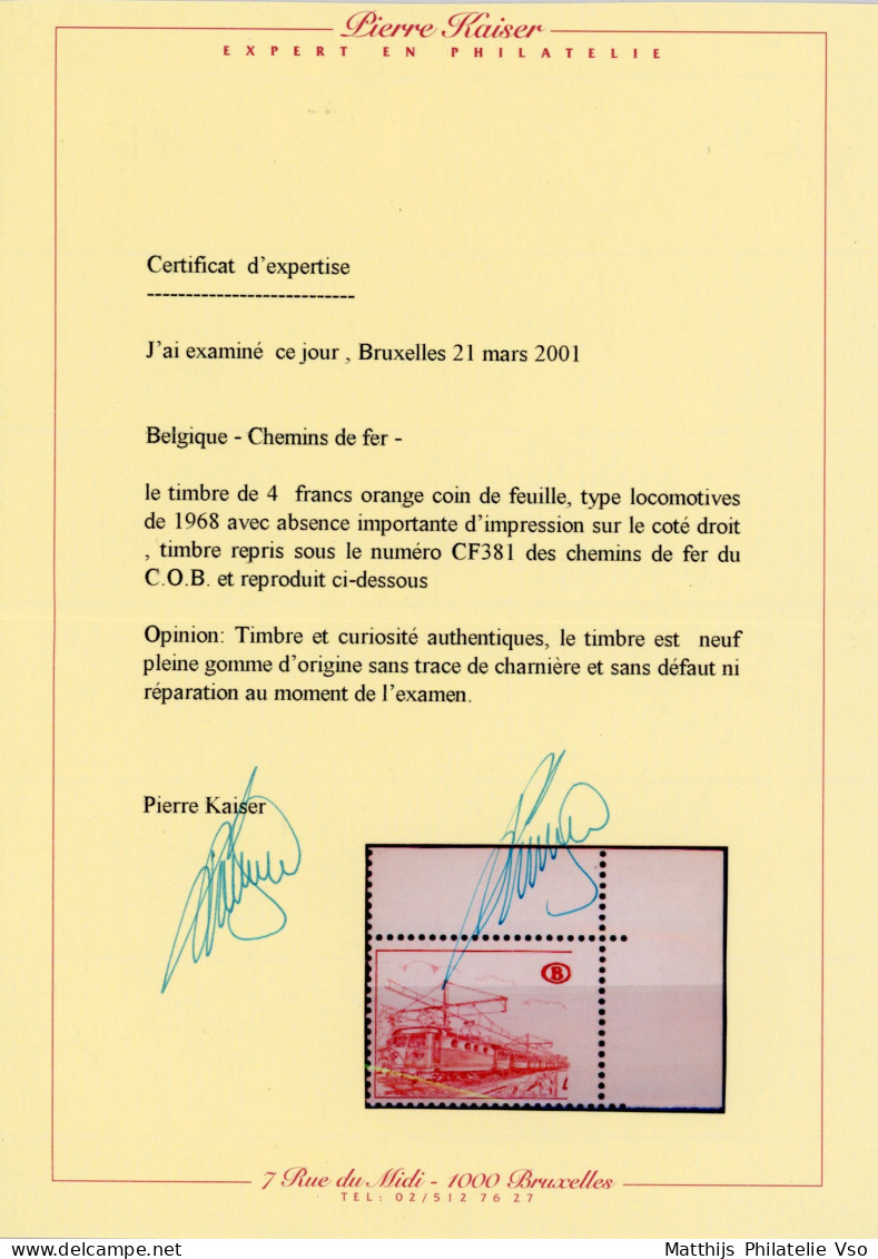 [** SUP] TR381-cu, Sans La Valeur (absence D'impression à Droite). Certificat Photo Kaiser - Fraîcheur Postale. Rarissim - Altri & Non Classificati