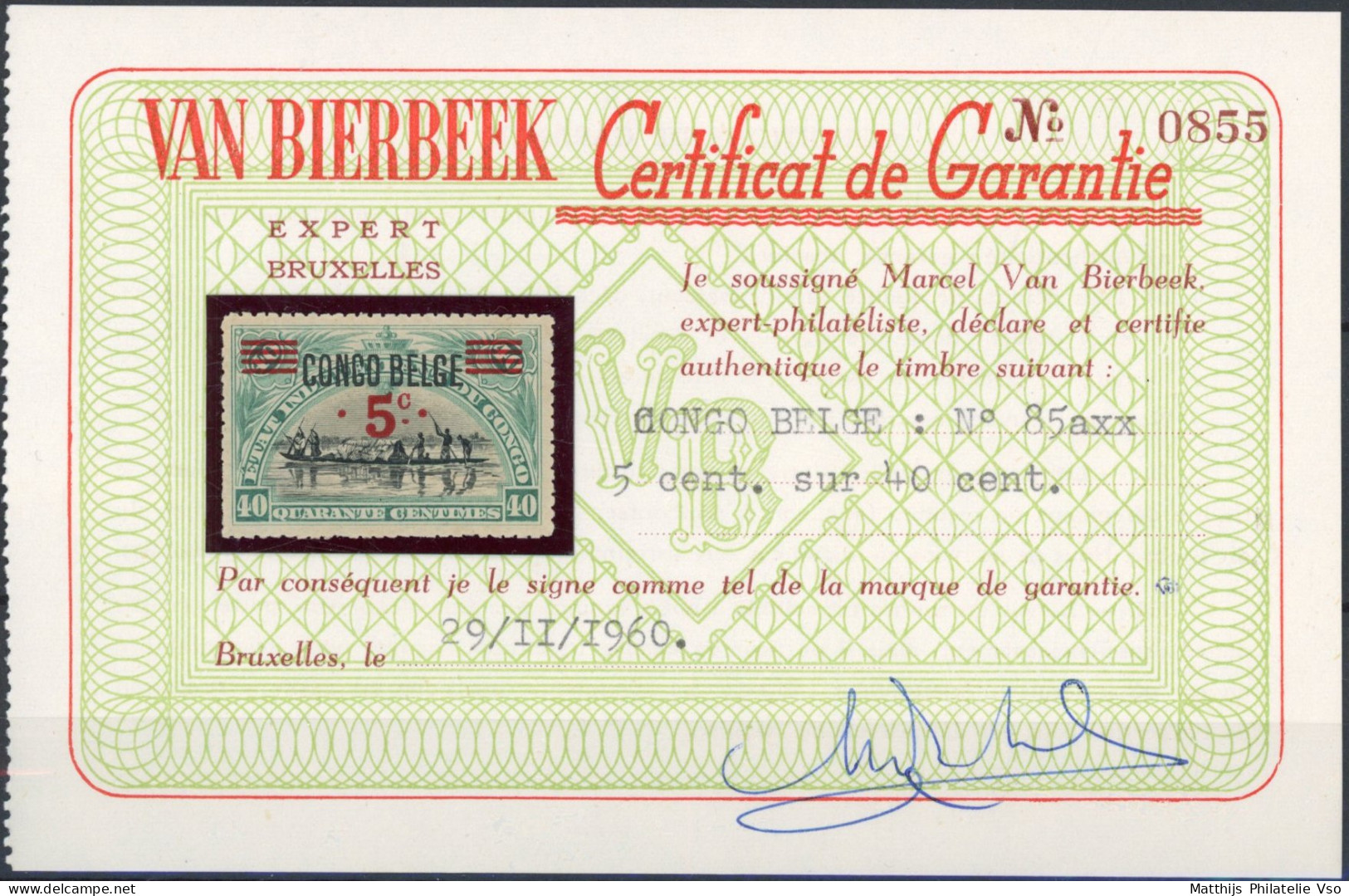 [** SUP] N° 85A, 5c/40c 'Congo Belge' Typo, Certificat Photo - Fraîcheur Postale - Cote: 230€ - Unused Stamps