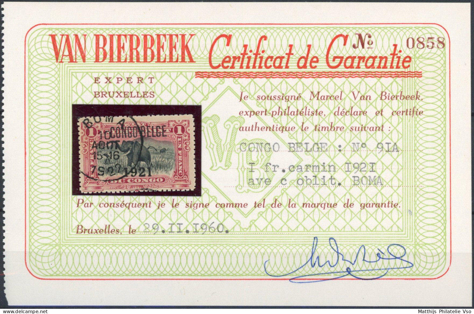 [O SUP] N° 91A, 1921/1F 'Congo Belge' Typo, Certificat Photo - Jolie Obl 'Boma'. Très Rare Oblitéré - Ongebruikt