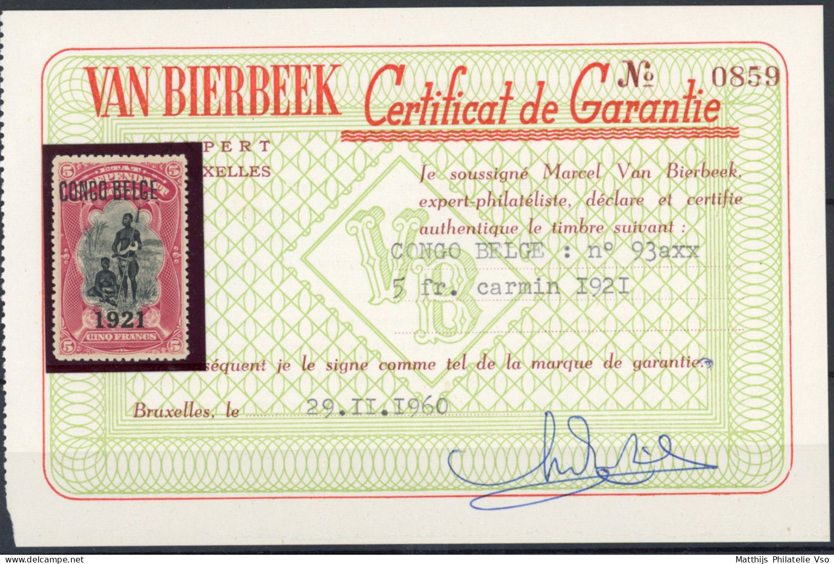 [** SUP] N° 93A, 1921/5F 'Congo Belge' Typo, Certificat Photo - Fraîcheur Postale - Cote: 475€ - Ungebraucht