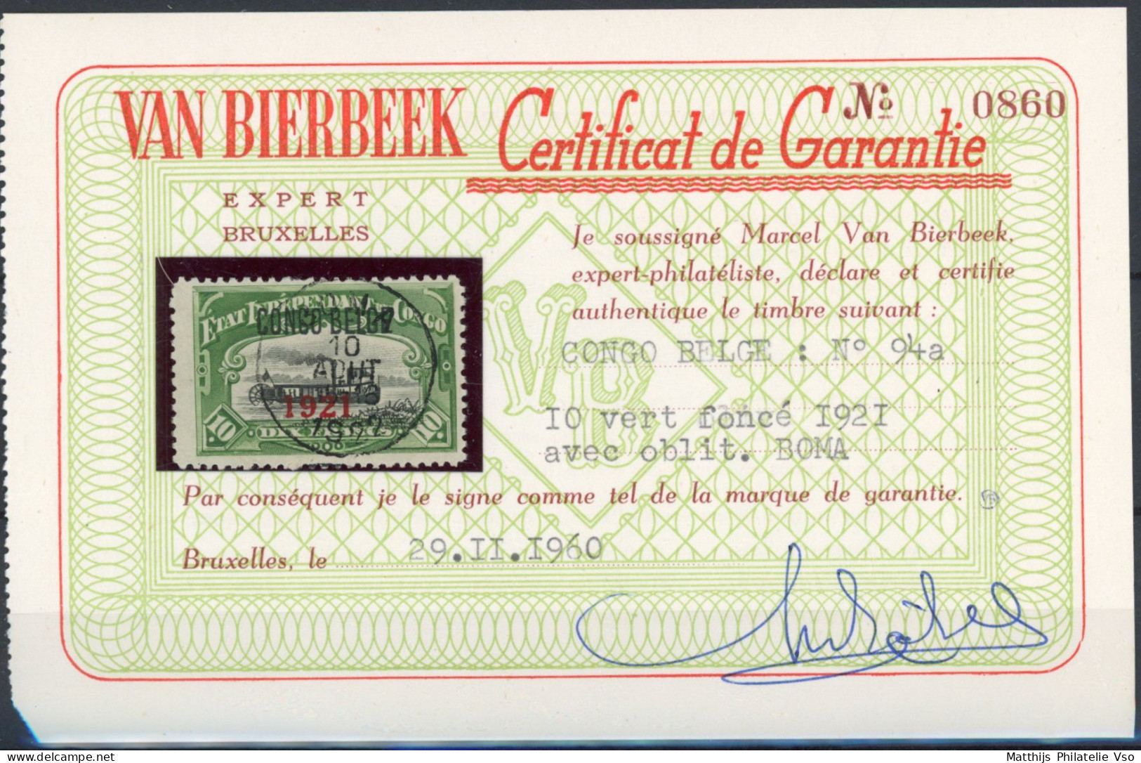 [O SUP] N° 94B, 1921/10F 'Congo Belge' Typo, Certificat Photo - Superbe Obl Centrale 'Boma'. Rarissime En Oblitéré - Ongebruikt