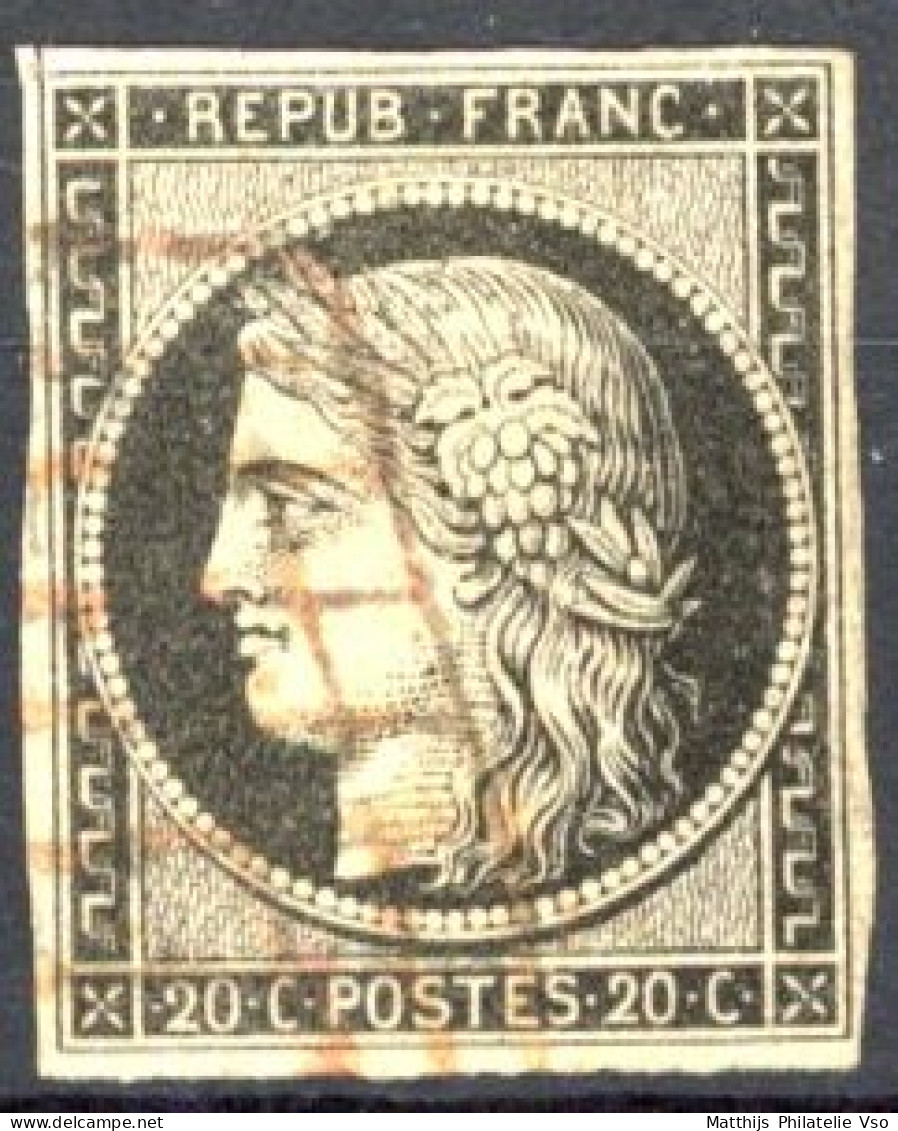 [O B/TB] N° 3a, Noir Sur Blanc,  Margé (coin Sup Droit Cassé) - Jolie Obl Grille ROUGE ! - 1849-1850 Ceres