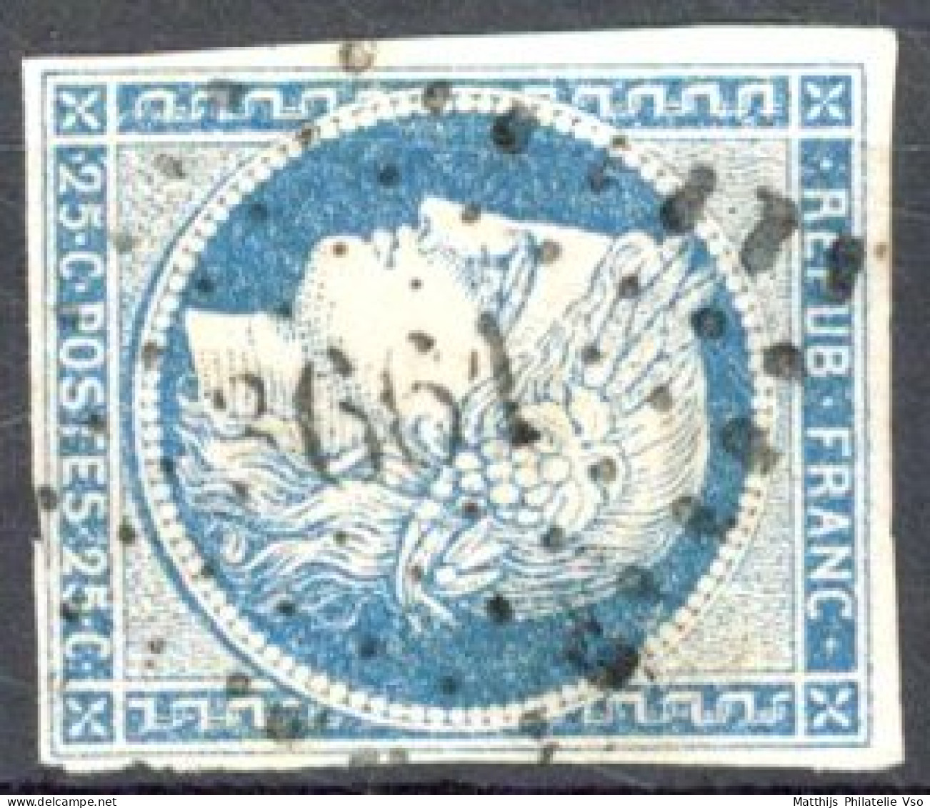 [O SUP] N° 4, 25c Bleu,  Belles  Marges - TB Obl Centrale 'PC3661' Vitry Le François - 1849-1850 Cérès