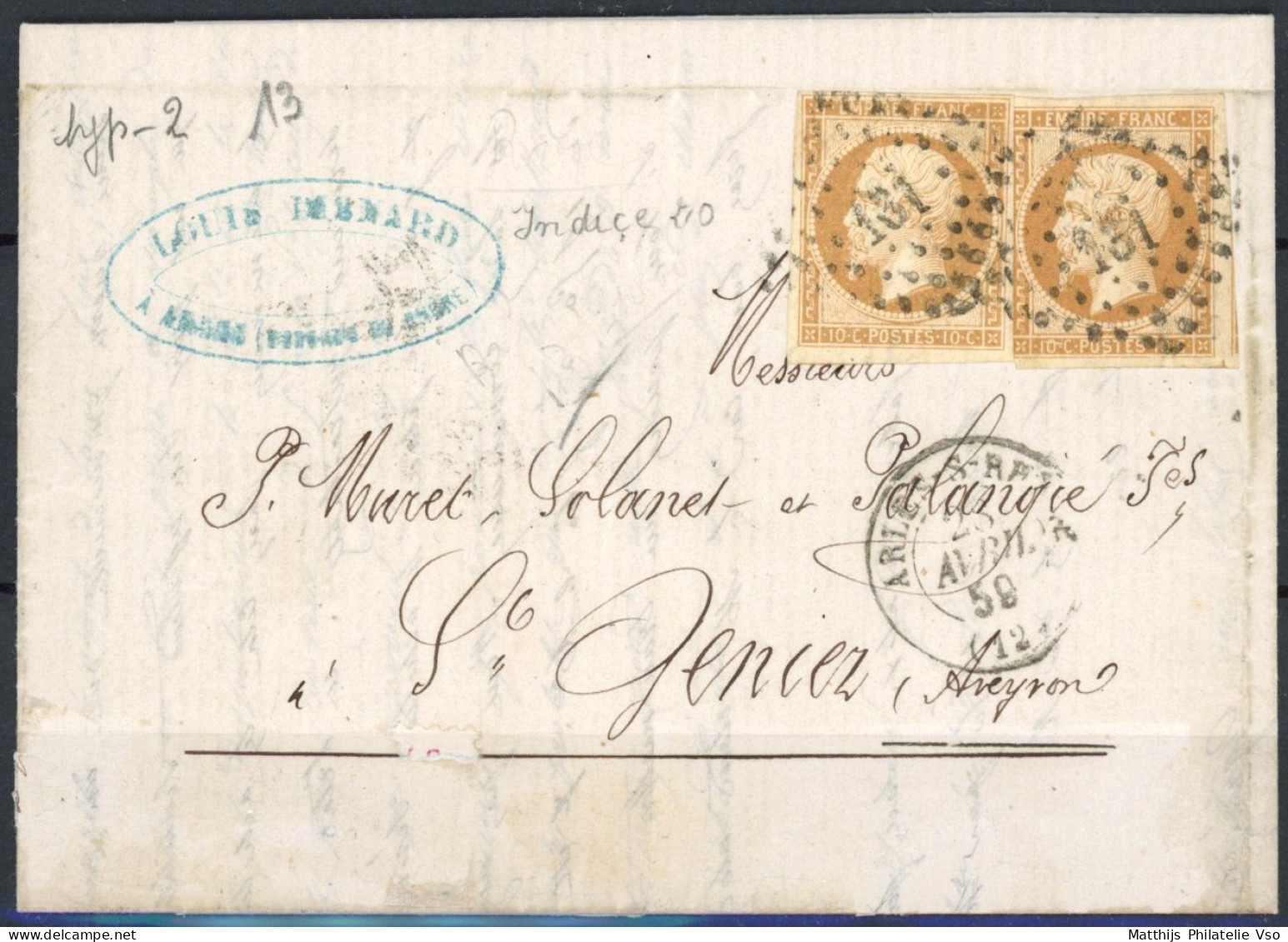 [Document TB] N° 13B(2), 10c Brun Clair (type 2) Sur TB Lettre Obl 'PC131' De Arles Sur Rhone Vers St Geniez - 1853-1860 Napoleon III