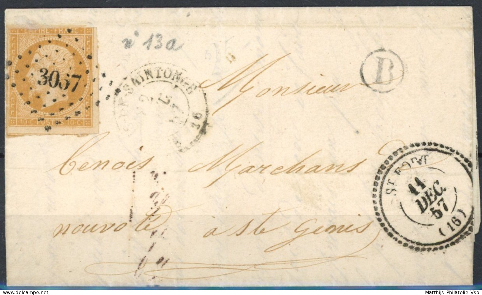 [Document TB] N° 13A, 10c Bistre (type 1) Sur TB Lettre Obl 'PC3067' De St-Fort (rare) Vers Ste Genis. Boite 'B' - 1853-1860 Napoléon III