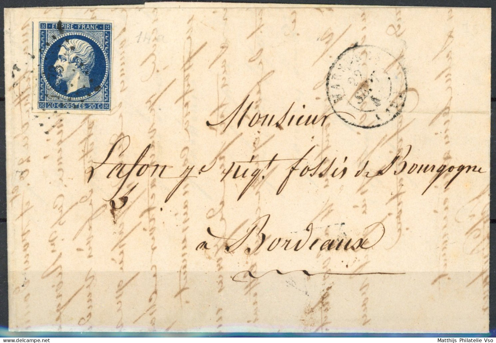 [Document TB] N° 14b, 20c Bleu Noir (superbe Nuance Intense) - Margé Sur Lettre - Cote: 125€ - 1853-1860 Napoléon III