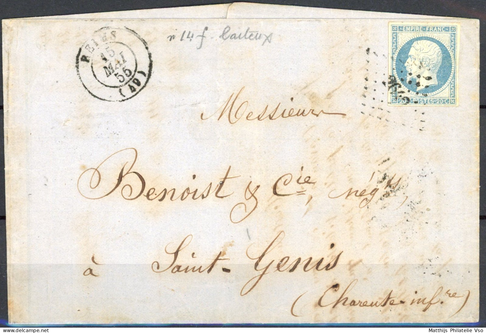 [Document TB] N° 14f, 20c Bleu Laiteux Bien Margé Sur Lettre De Reims - 1853-1860 Napoléon III