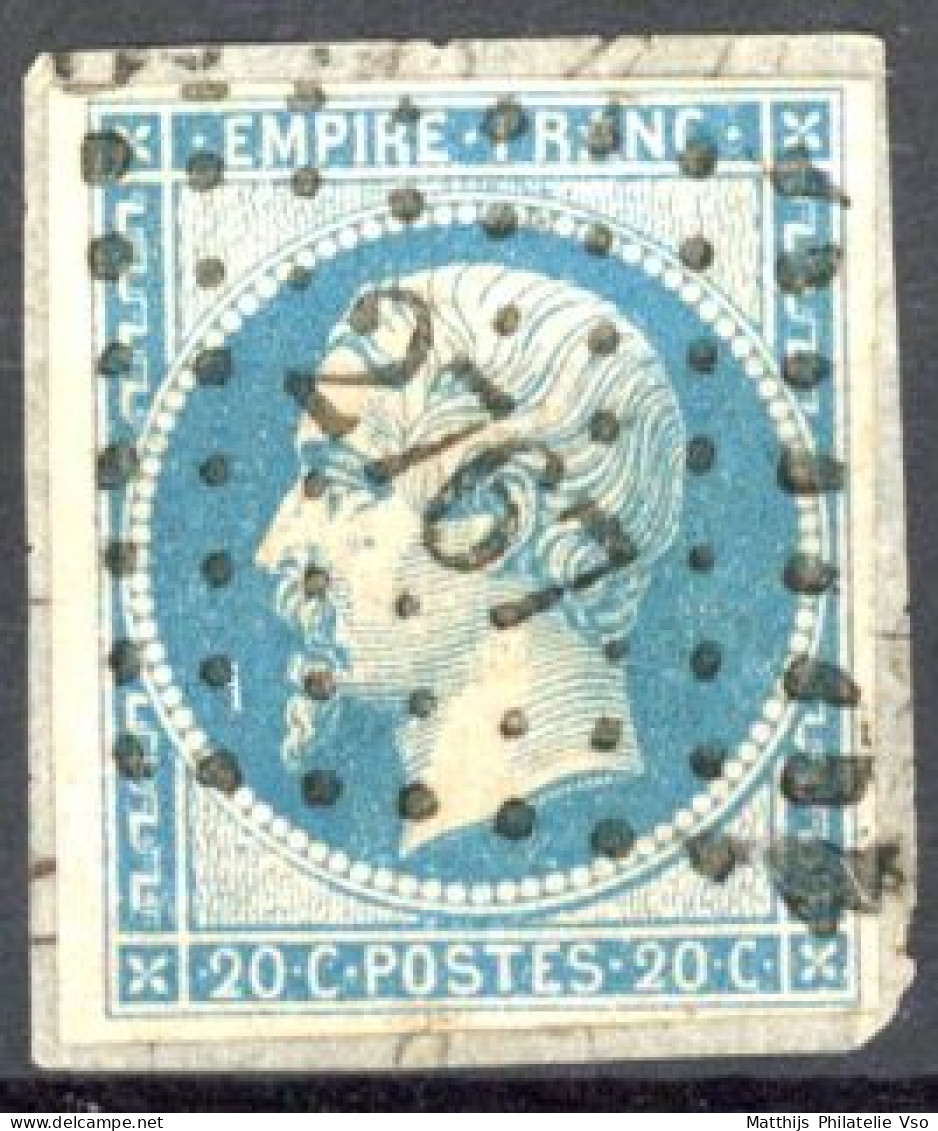 [O SUP] N° 14B, 20c Bleu, Bien Margé Sur Fragment - TB Obl Centrale 'PC2767' Sablé Sur Sarthe - 1853-1860 Napoleon III
