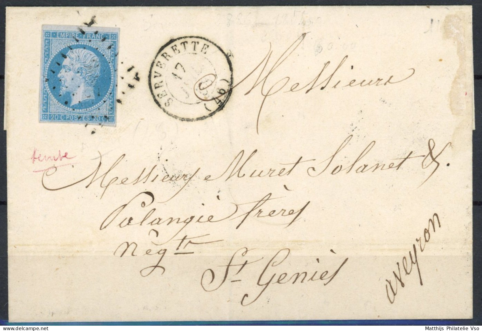 [Document TB] N° 14A, 20c Bleu TB Lettre De Serverette Vers St Geniez - 1853-1860 Napoleon III