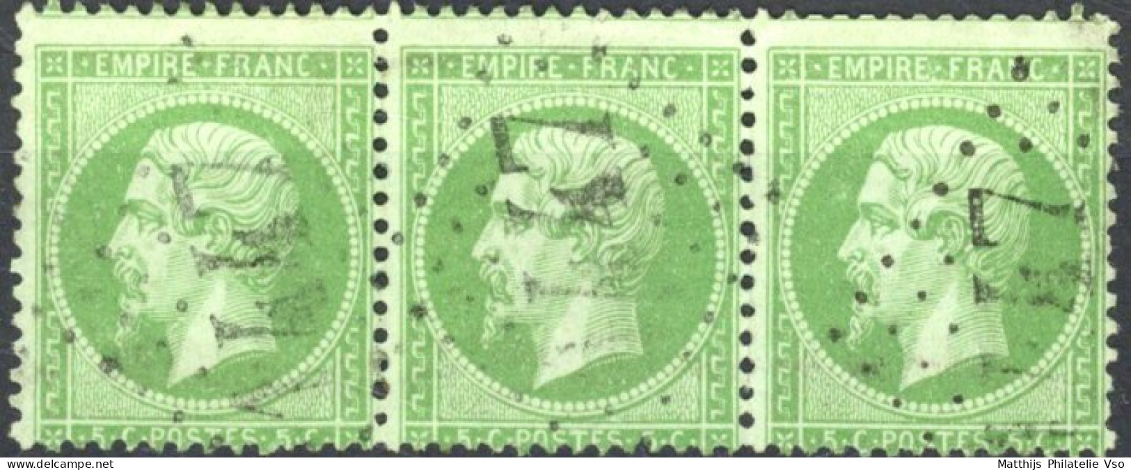 [O SUP] N° 20, 5c Vert En Bande De 3 - TB Obl Centrale 'GC1447' Otroeungt (Rare) - 1862 Napoleone III