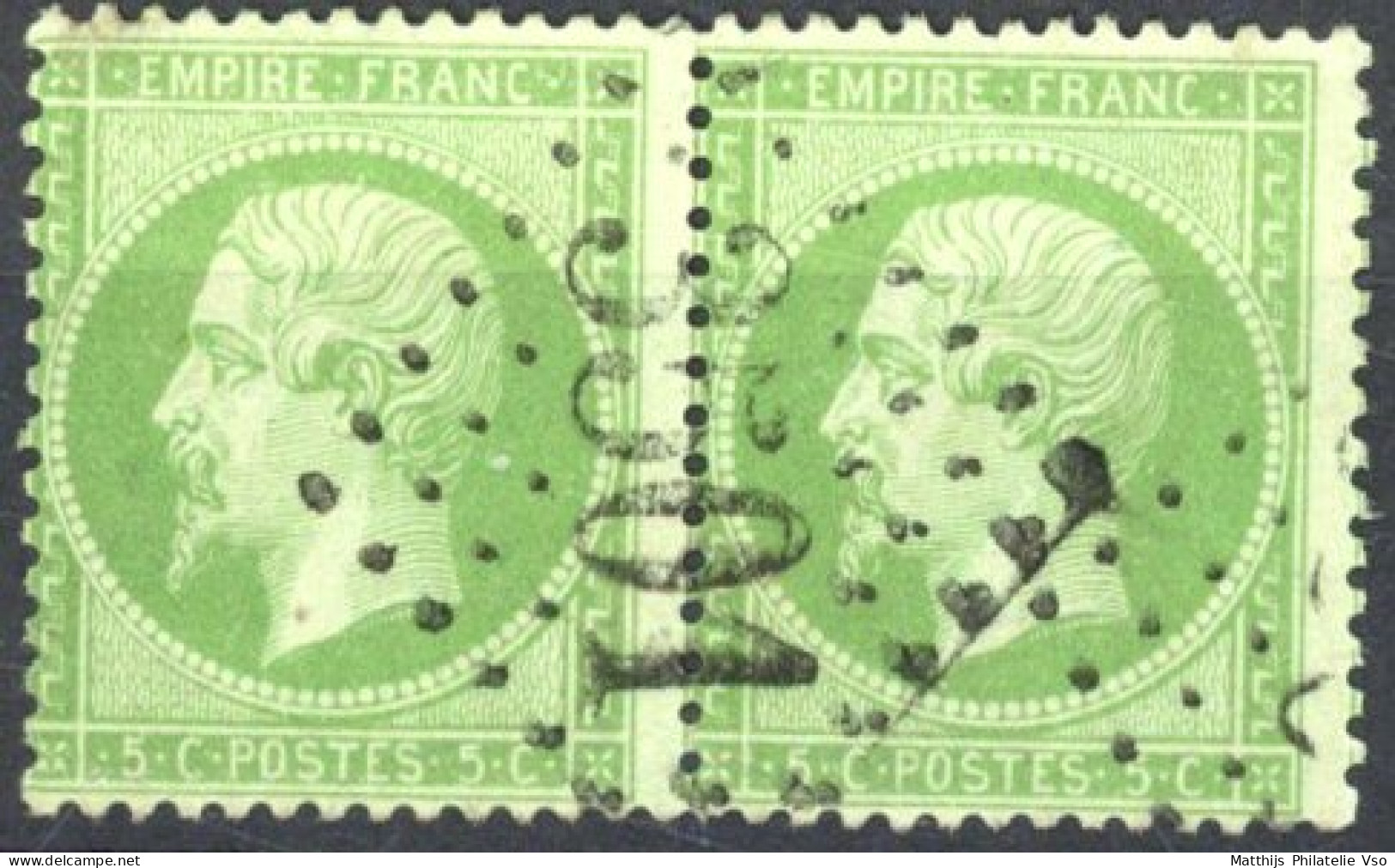 [O SUP] N° 20, 5c Vert En Paire - TB Obl Centrale Apposée 1x 'GC3501' St André De Valborgne - 1862 Napoleon III