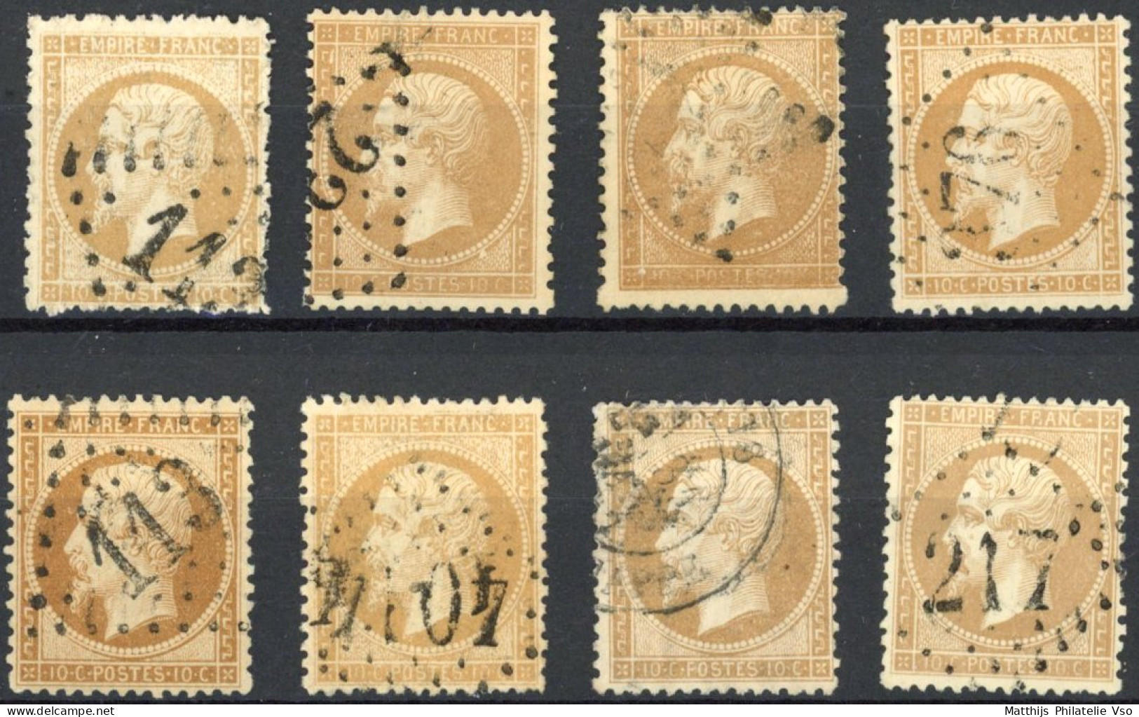 [O SUP] N° 21, 10c Bistre Sélection De 8 Exemplaires Avec Belles Nuances - 1862 Napoléon III.