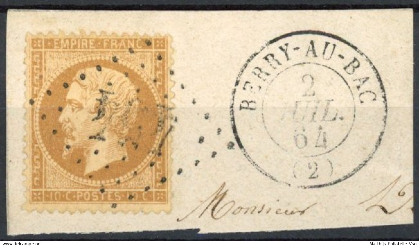 [O SUP] N° 21, 10c Bistre Sur Fragment - Superbe Obl 'GC454' Berry Au Bac - 1862 Napoléon III