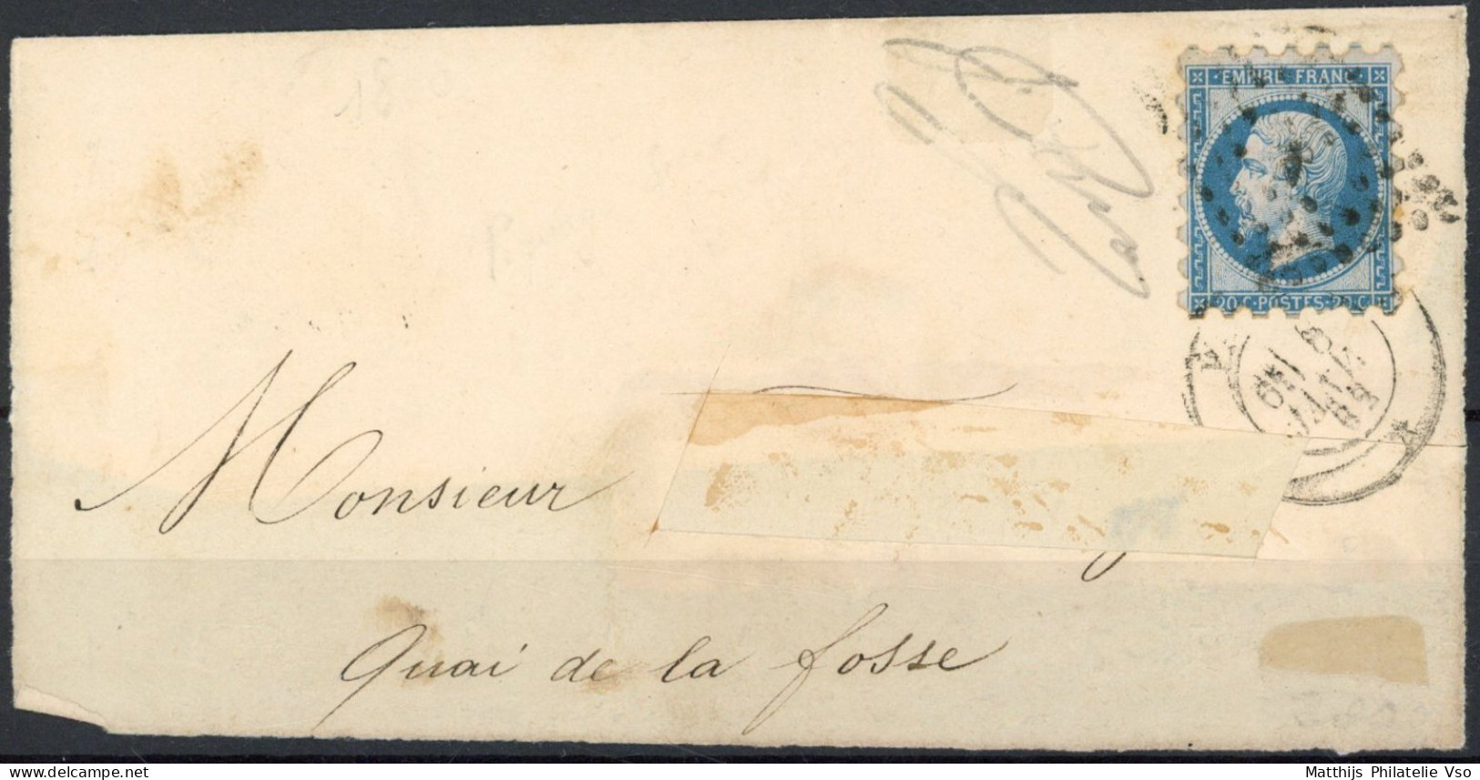 [O SUP] N° 22, 20c Bleu Sur Devant De Lettre - Piquage De Susse - 1862 Napoleon III