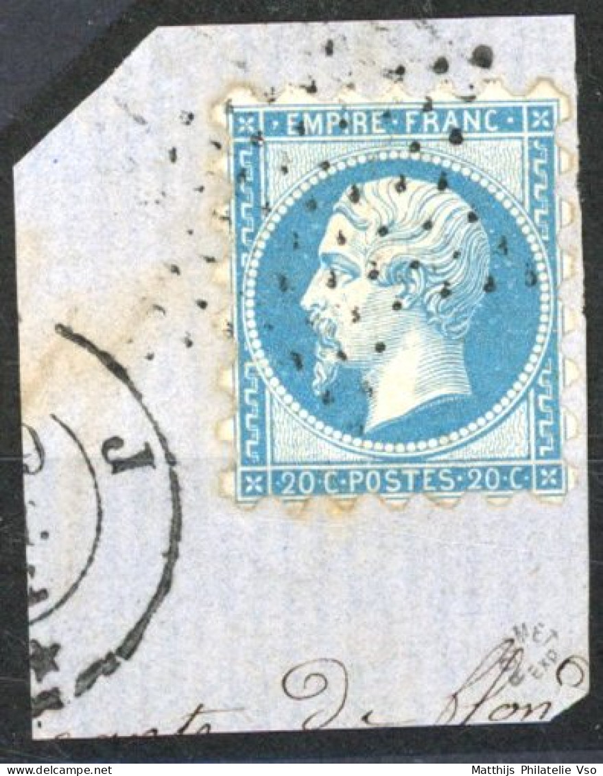 [O SUP] N° 22, 20c Bleu Sur Fragment - Piquage De Susse Et Obl étoile Muette. Signé Roumet - 1862 Napoléon III