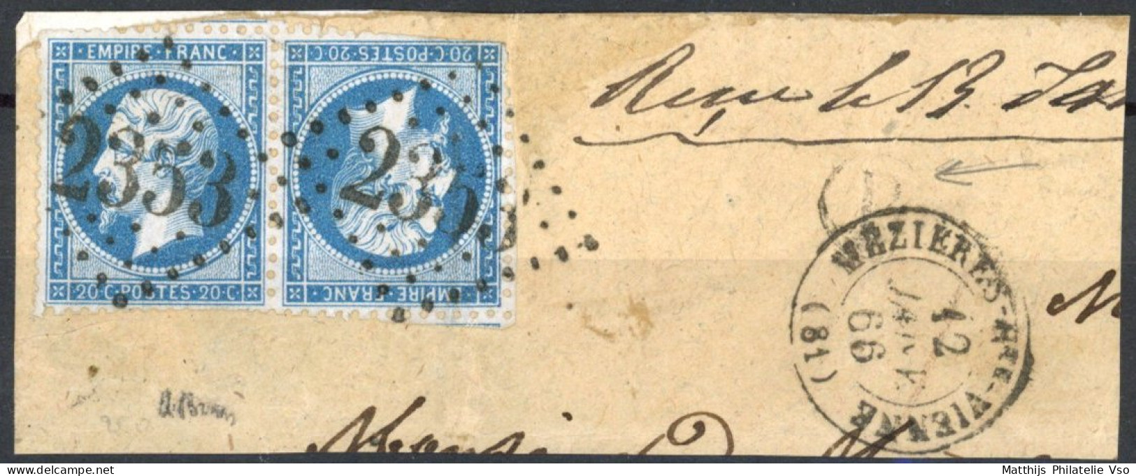 [O SUP] N° 22b, 20c Bleu En Paire Tête-bêche (petit Défaut De Dentelure) Sur Fragment Obl 'GC2353' Mèzières Haute Vienne - 1862 Napoleon III