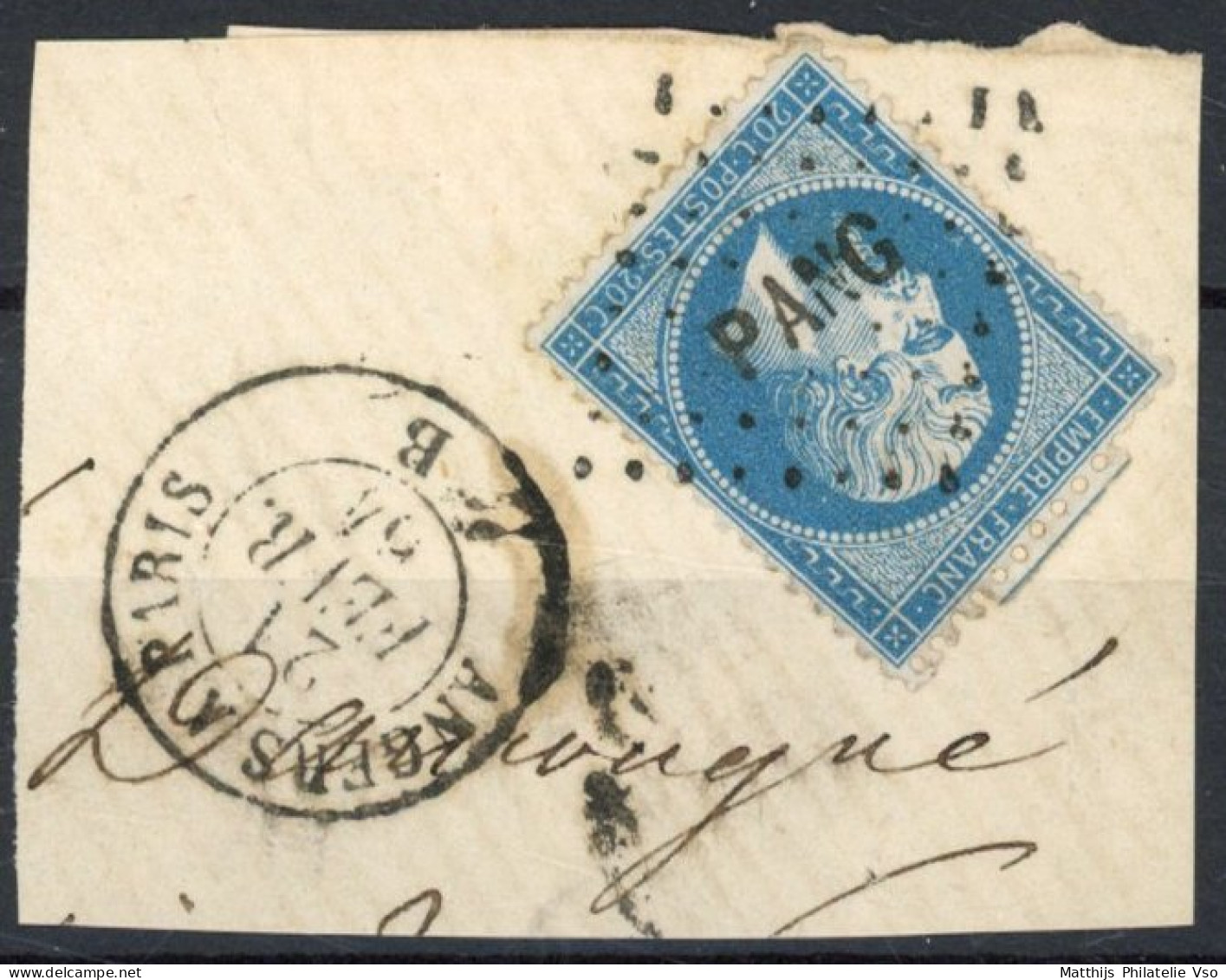 [O SUP] N° 22, 20c Bleu Sur Fragment - TB Obl 'PANG' Angers-Paris - 1862 Napoleon III