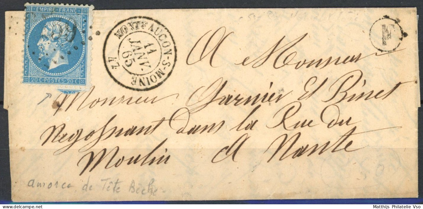 [Document SUP] N° 22, 20c Bleu (amorce De Tête Bêche) Sur TB Lettre De Montfaucon Sur Moine. Boite 'F' - 1862 Napoleone III