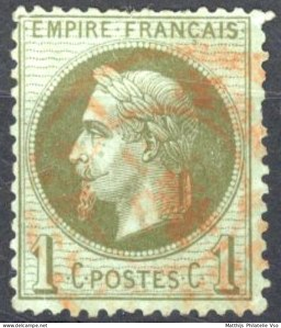 [O SUP] N° 25, 1c Vert Bronze - Obl Càd Rouge Des Imprimés - Cote: 80€ - 1863-1870 Napoléon III. Laure