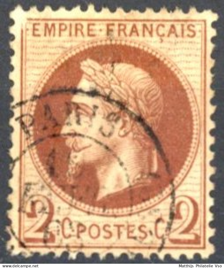[O SUP] N° 26Aa-Cu, 2c Chocolat Centrage Parfait. Impression De Cadre Tronquée - 1863-1870 Napoleon III Gelauwerd