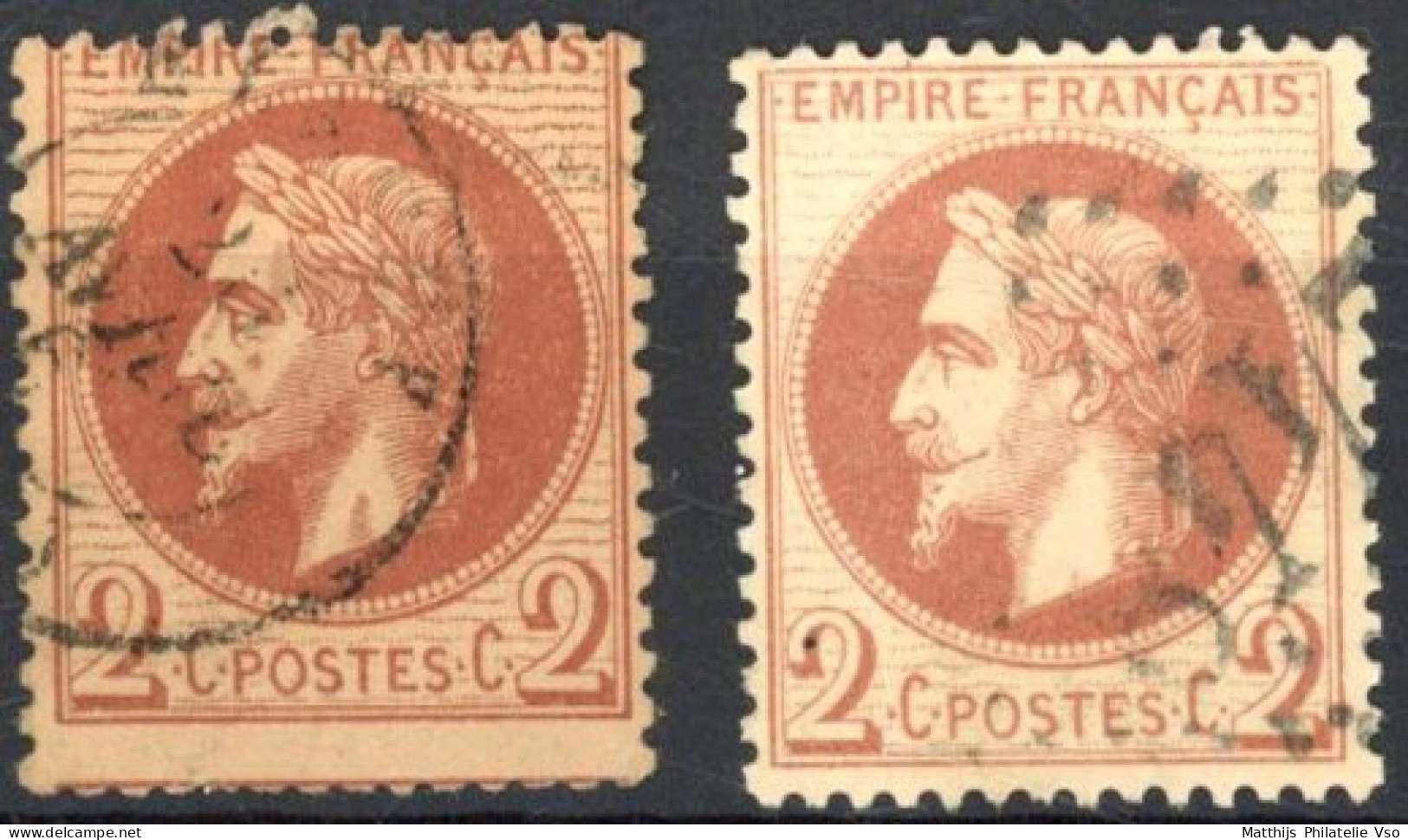 [O SUP] N° 26A+26B, 2c Rouge-brun - Les 2 Types - Cote: 175€ - 1863-1870 Napoléon III. Laure