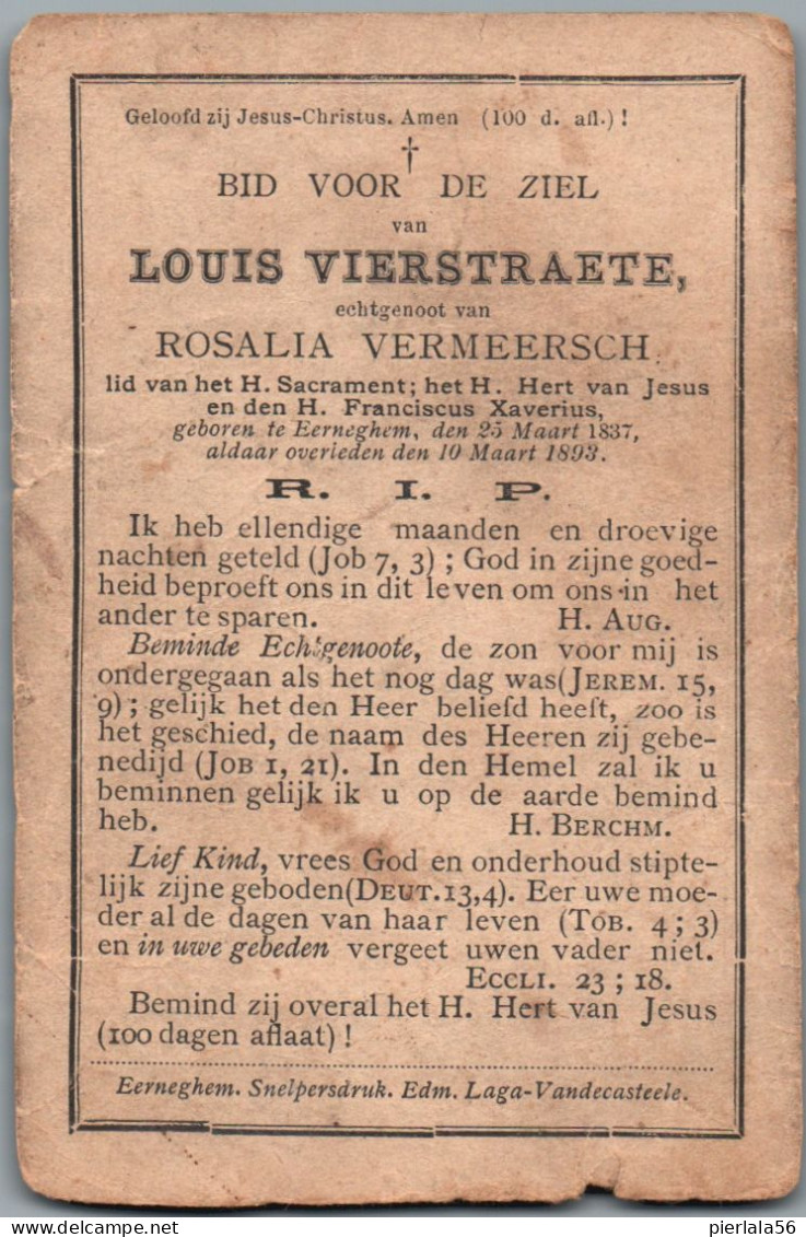 Bidprentje Eernegem - Vierstraete Louis (1837-1893) - Andachtsbilder