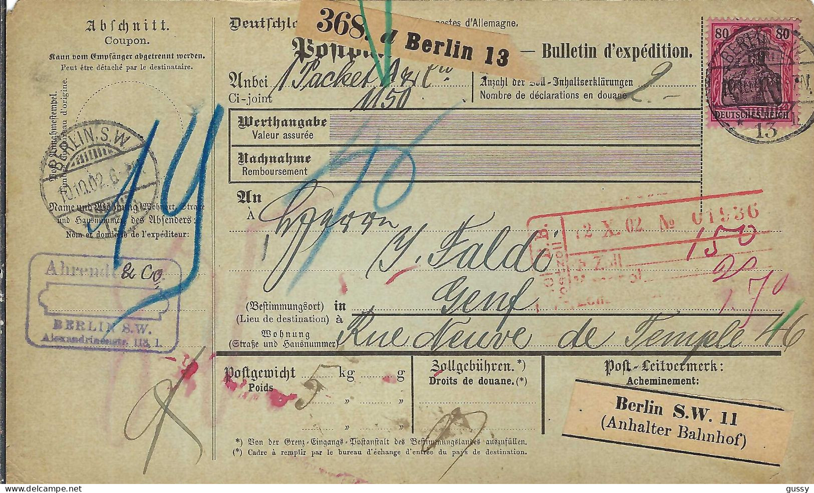 ALLEMAGNE Ca.1902: Bulletin D'Expédition De Berlin Pour Genève (Suisse) - Briefe U. Dokumente