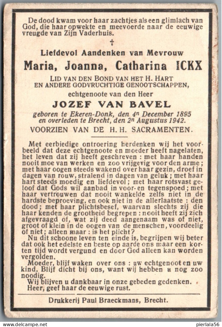 Bidprentje Ekeren-Donk - Ickx Maria Joanna Catharina (1895-1942) - Devotieprenten