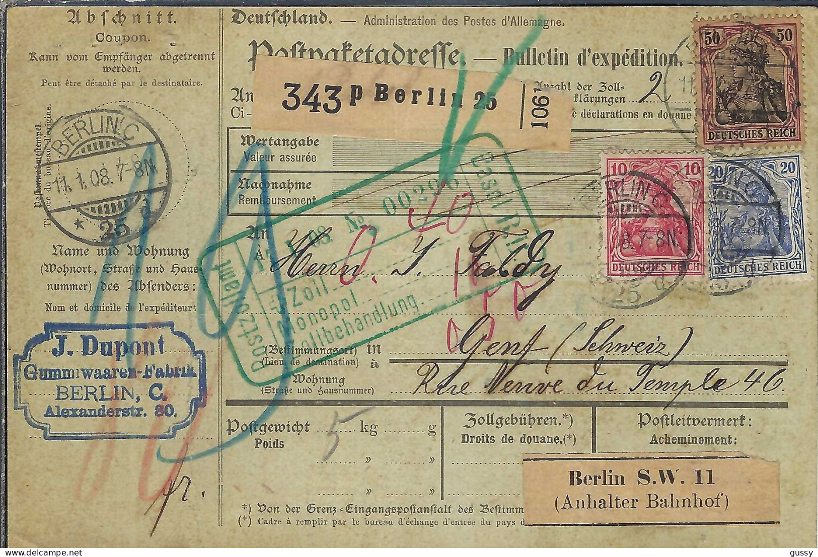 ALLEMAGNE Ca.1908: Bulletin D'Expédition De Berlin Pour Genève (Suisse) - Brieven En Documenten