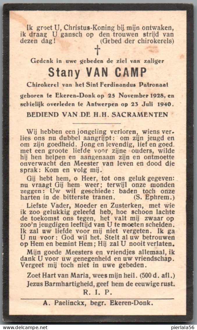 Bidprentje Ekeren-Donk - Van Camp Stany (1928-1940) - Images Religieuses