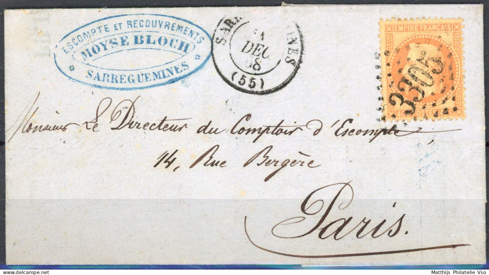 [Document SUP] N° 31, 40c Orange Sur TB Lettre Obl 'GC3305' De Sarregueminnes Vers Paris - 1863-1870 Napoléon III. Laure