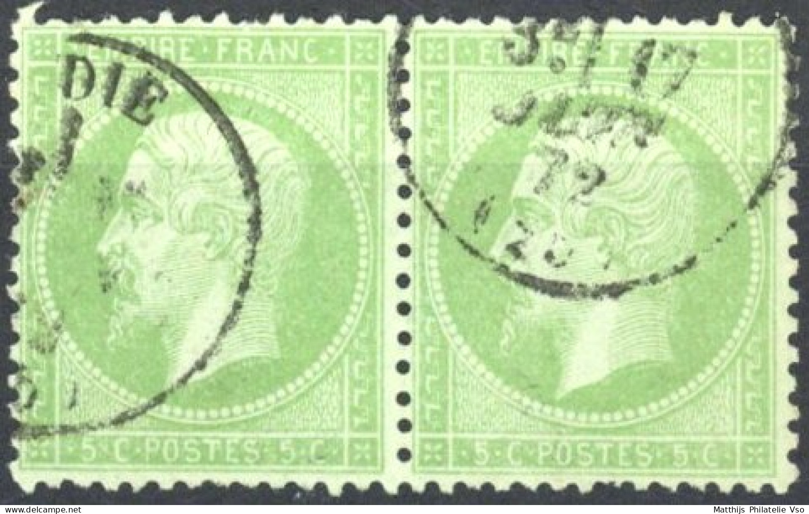 [O TB] N° 35, 5c Vert Pâle/bleu, Jolie Paire - TB Obl Càd - Cote: 500€ - 1863-1870 Napoleon III With Laurels