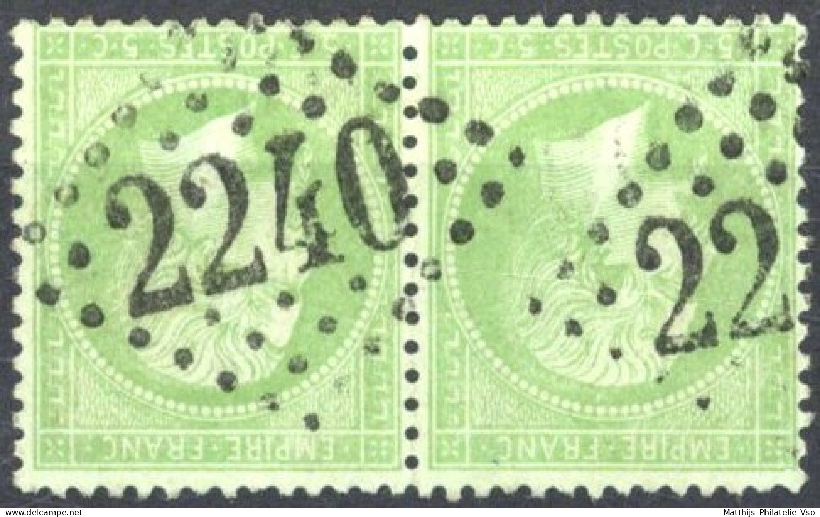 [O SUP] N° 35, 5c Vert Pâle/bleu, Superbe Paire - TB Obl 'GC2240' Marseille - Cote: 500€ - 1863-1870 Napoleon III Gelauwerd
