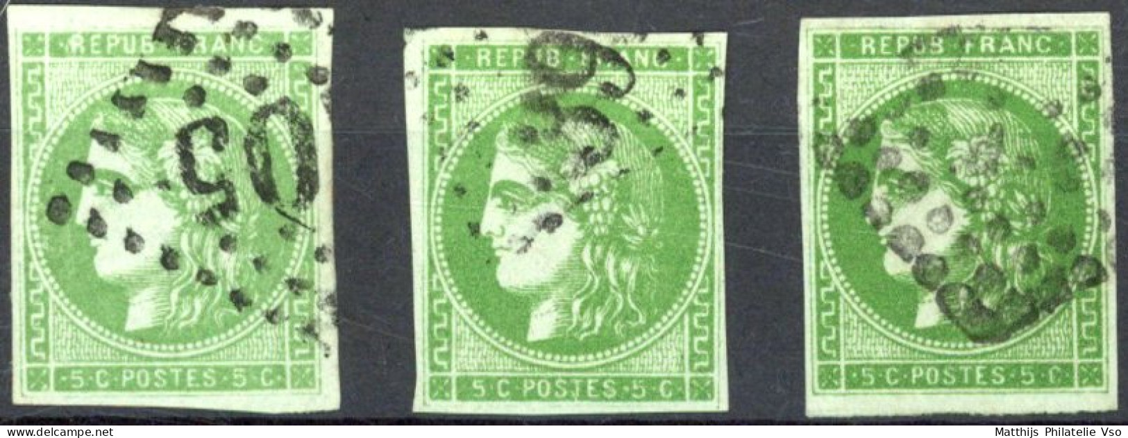 [O SUP] N° 42B, 5c Vert-jaune (report 2), Lot De 3 Ex Bien Margés - Jolie Nuances. Cote +1300 € - 1870 Ausgabe Bordeaux