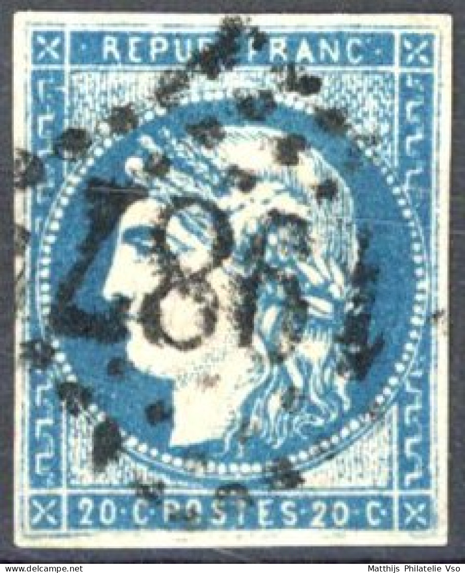 [O SUP] N° 44A, 20c Bleu (type I - Report 1), Bien Margé - TB Obl Centrale 'GC1987' Laval - Cote: 850€ - 1870 Bordeaux Printing