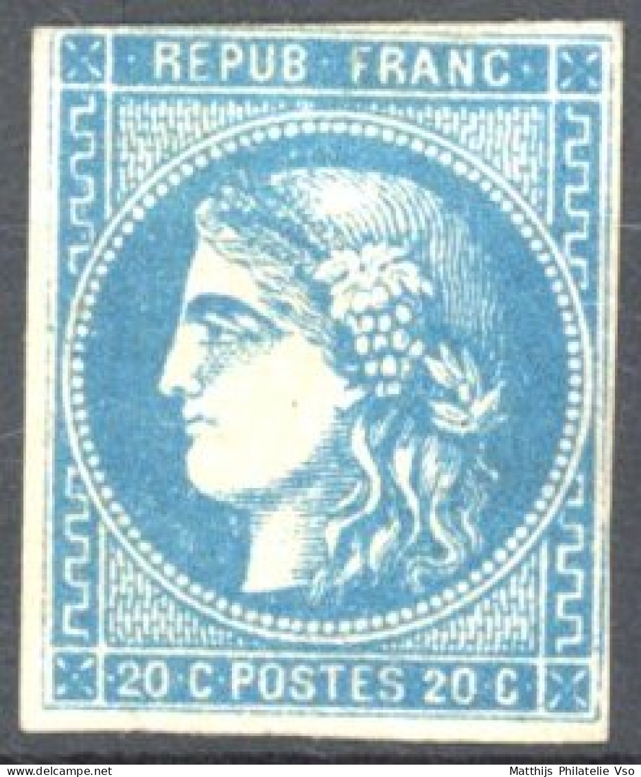 [* B/TB] N° 45B, 20c Bleu (type II - Report 2), Juste En Haut. Petit Pelurage Au Dessus - Signé Brun - Cote: 2100€ - 1870 Ausgabe Bordeaux