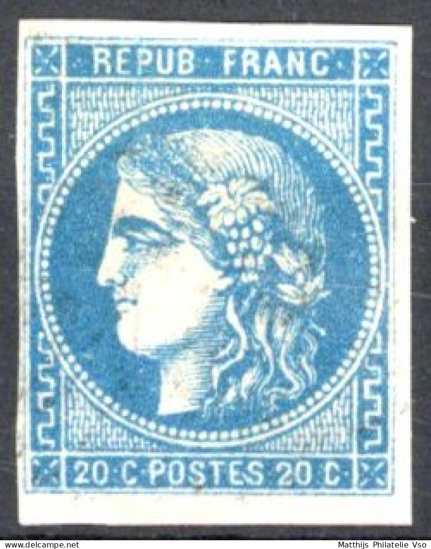 [O SUP] N° 45B, 20c Bleu (type II - Report 2), Bien Margé - Obl Quasi Absente - Cote: 100€ - 1870 Emission De Bordeaux