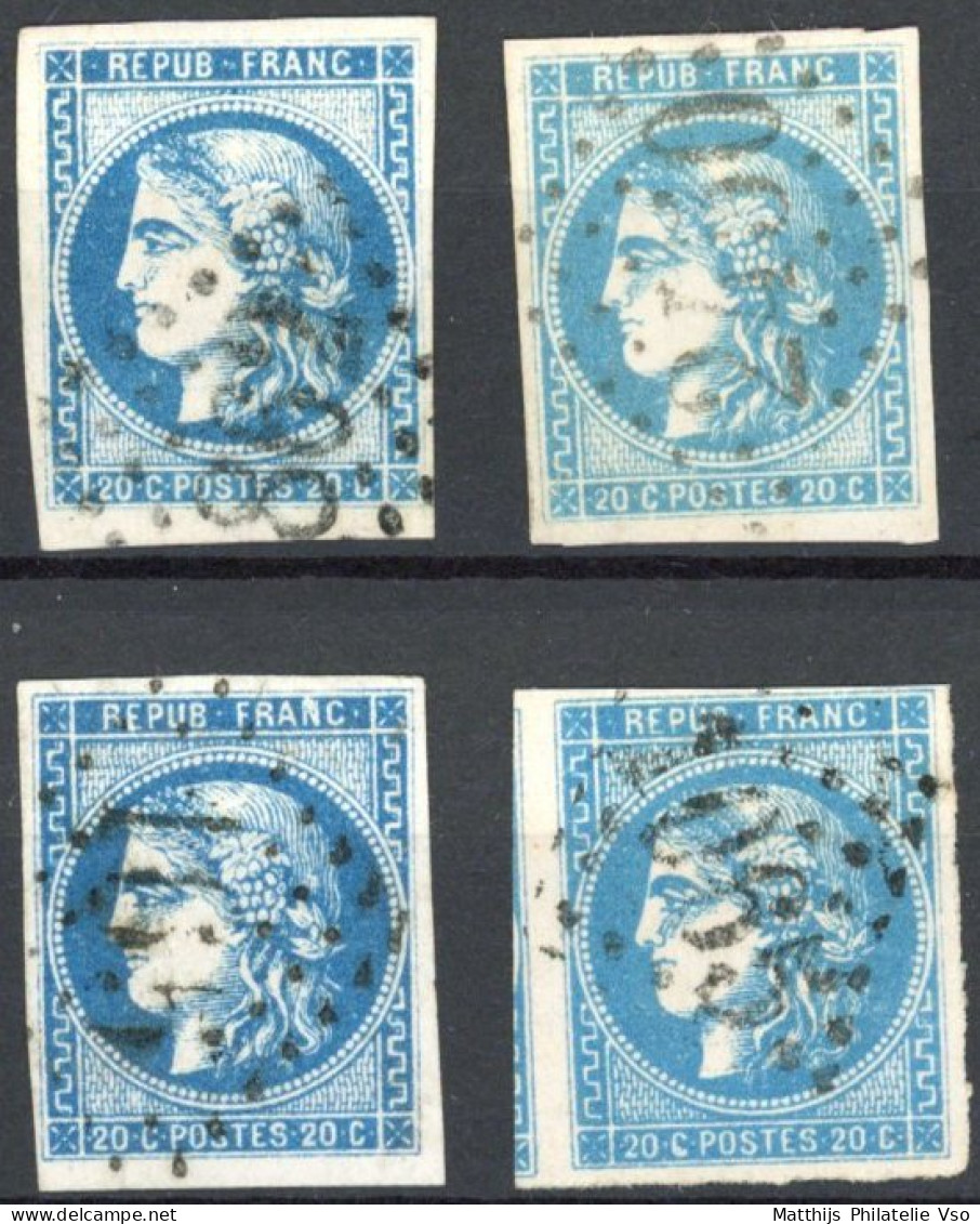 [O TB] N° 46B, 25c Bleu T.III.R.2, Sélection De 4 Ex Margés Avec Nuances Très Différentes - 1870 Ausgabe Bordeaux