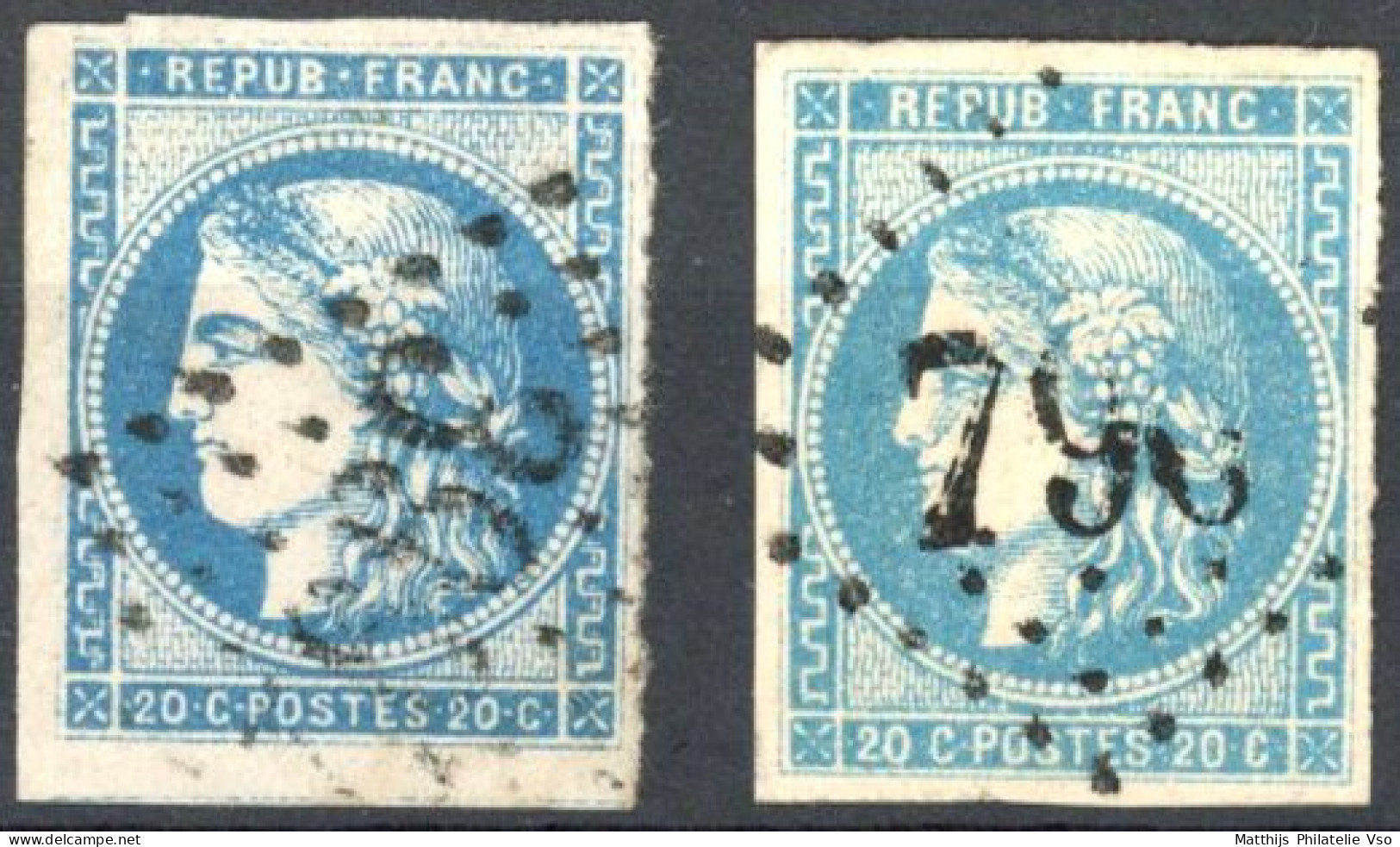 [O SUP] N° 46A+46B, 20c Bleu (type III) Les 2 Reports - Timbres Bien Margés - Cote: 225€ - 1870 Ausgabe Bordeaux