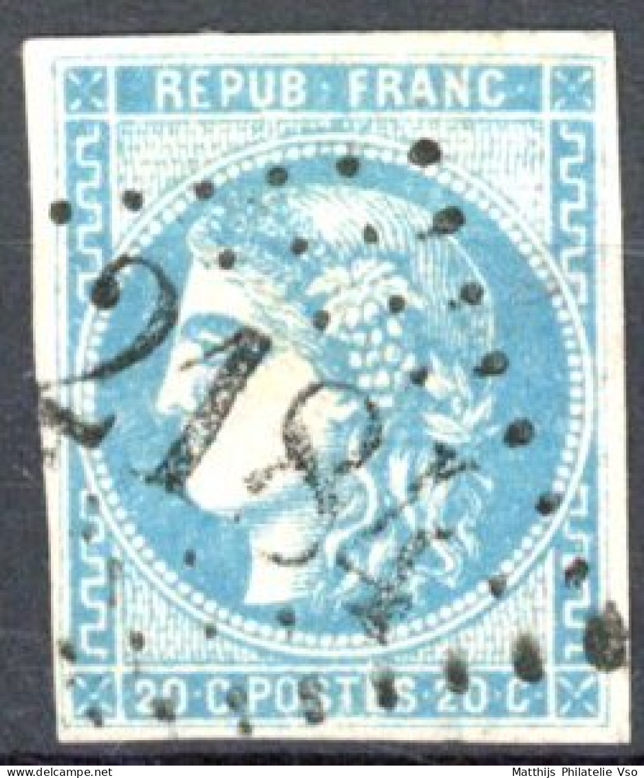 [O SUP] N° 46A, 20c Bleu (type III - Report 1), Bien Margé - TB Obl Centrale 'GC2184' Manciet - Cote: 200€ - 1870 Ausgabe Bordeaux