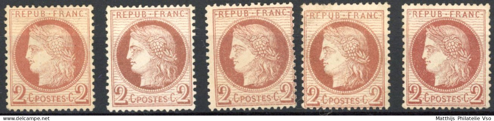 [(*) SUP] N° 51, 2c Brun-rouge, TB Lot De 5 Exemplaires - Nuances !! - Cote: 250€ - 1871-1875 Ceres