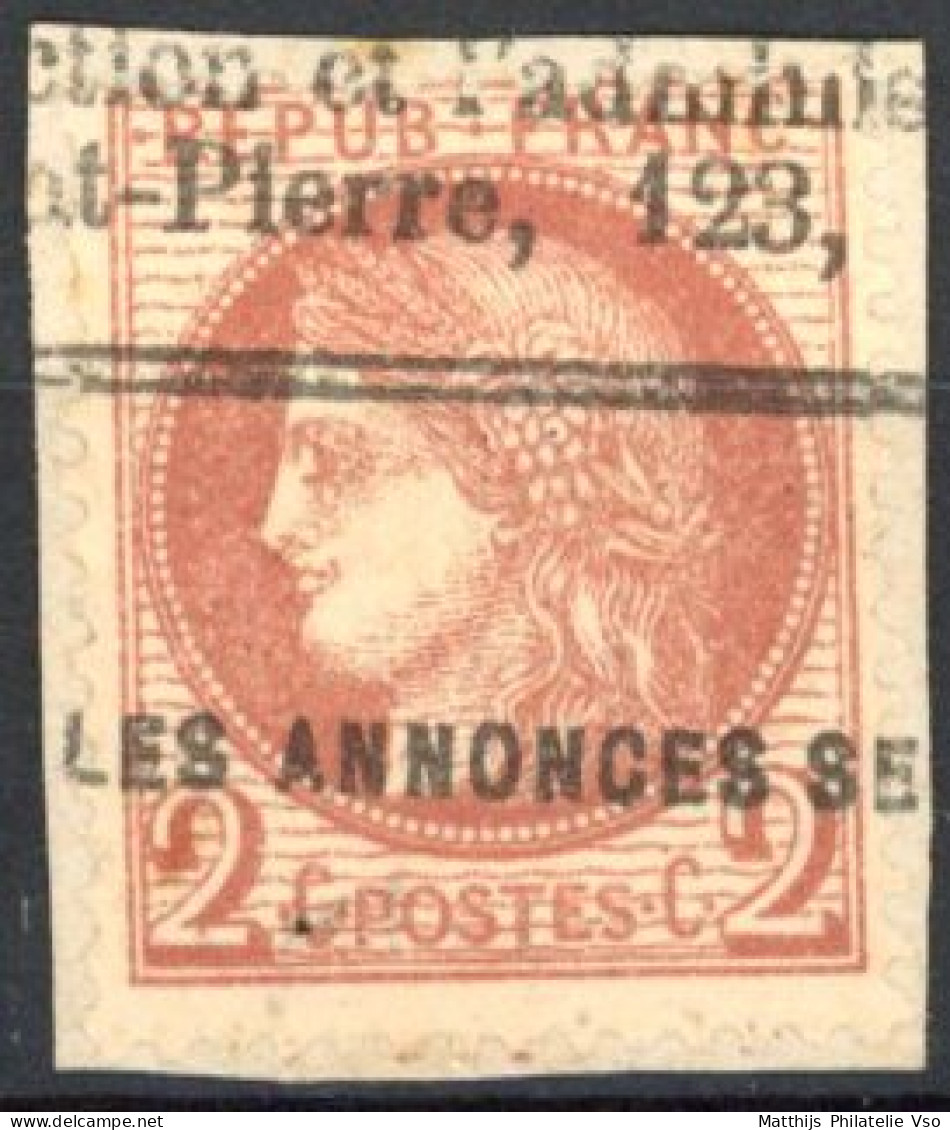 [O SUP] N° 51, 2c Rouge-brun Sur Fragment - TB Obl Annulation Type Des Journaux - Cote: 25€ - 1871-1875 Cérès